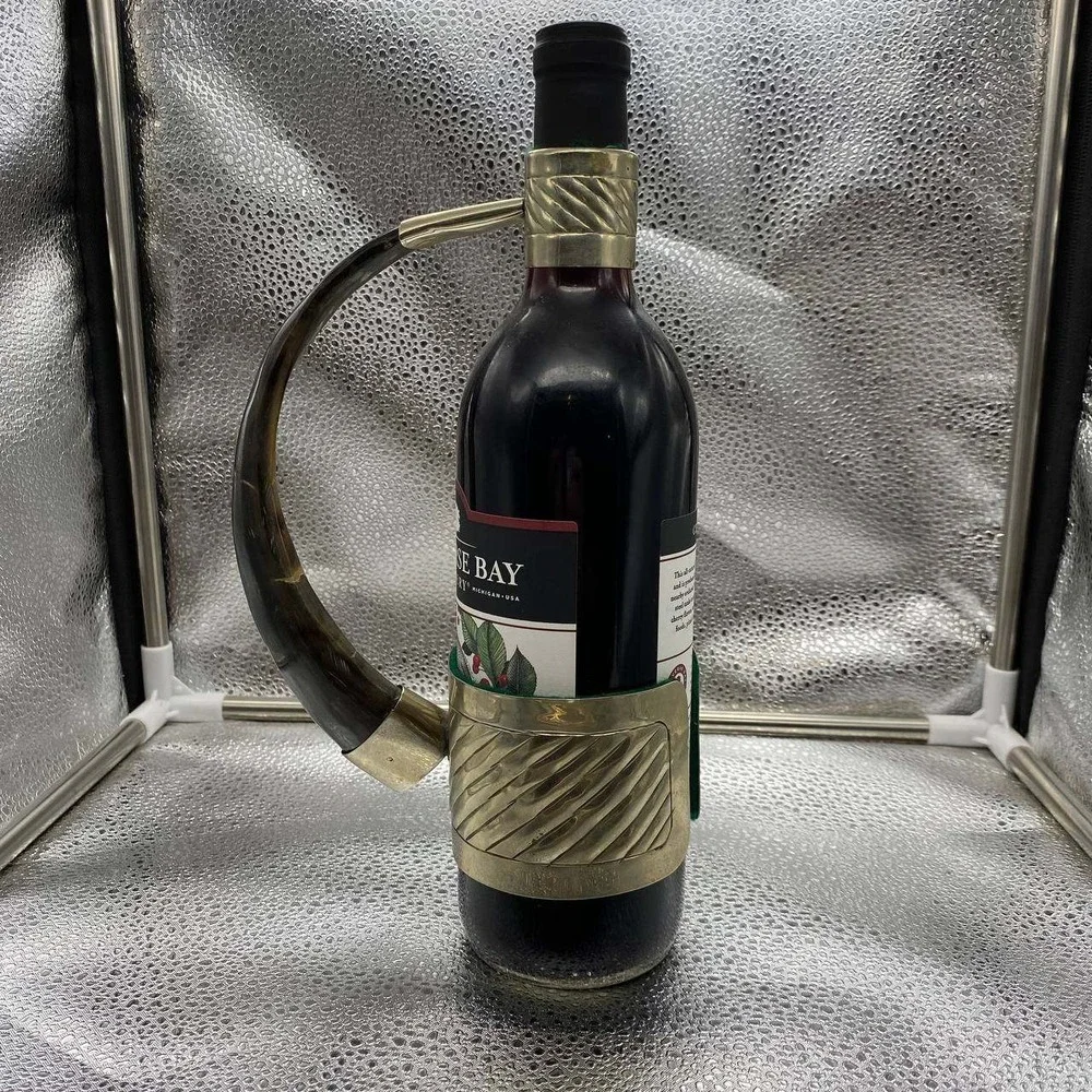 Vintage Brass Horn Wine Bottle Holder‎ OS Brown Silver Real Horn Barware Decor
